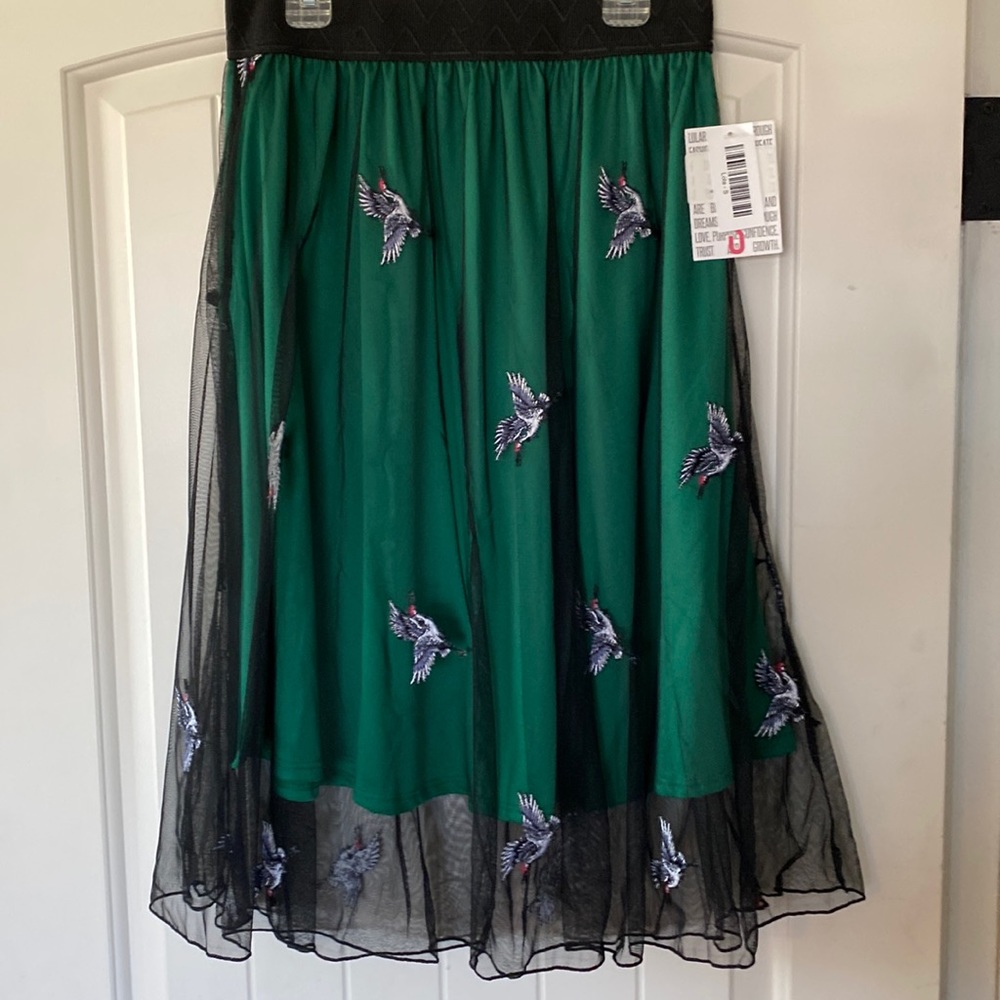 LuLaRoe Lola Skirt Emerald Green Skirt Black Net Overlay Embroidered Birds S NWT